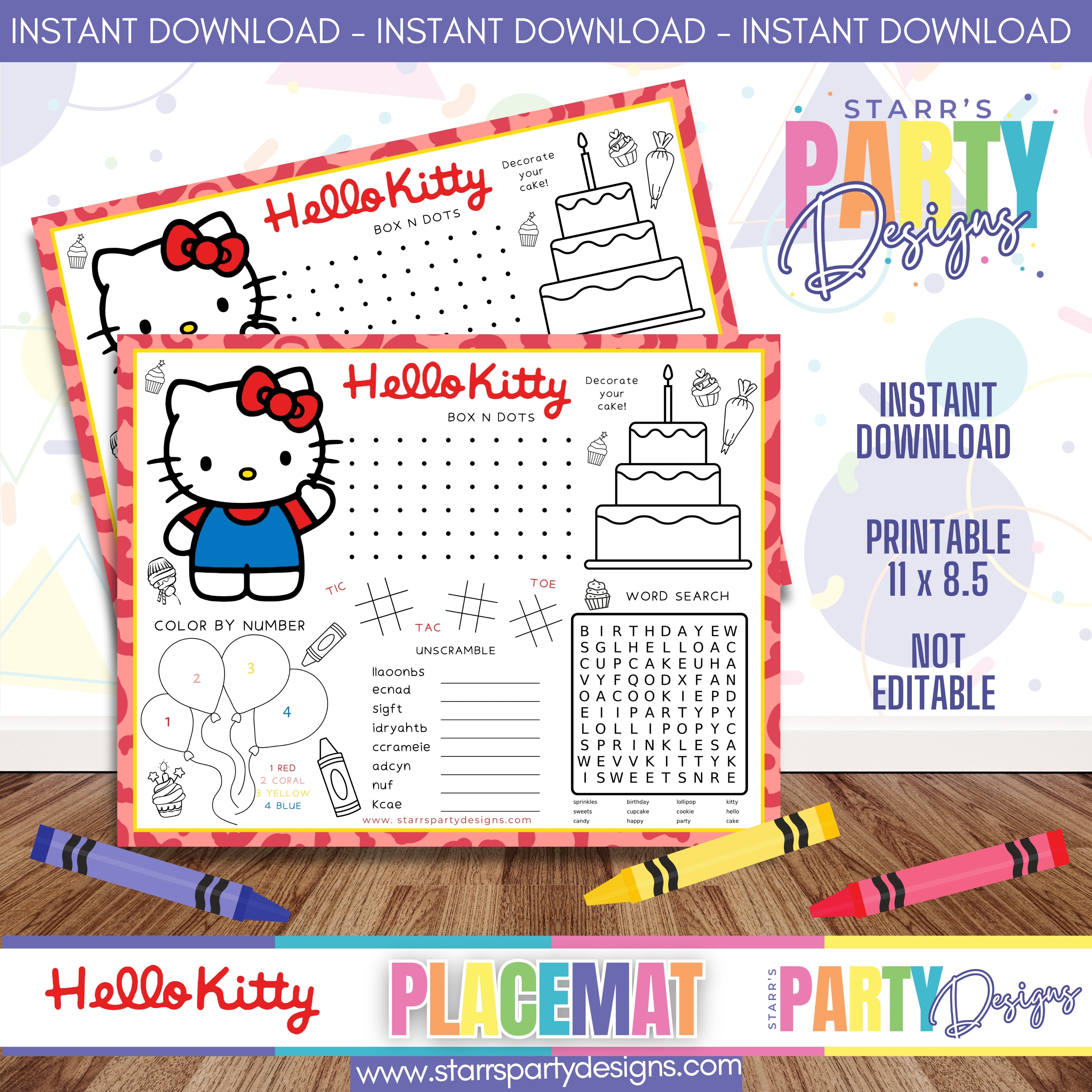 PLACEMAT ACTIVITY SHEET | HELLO KITTY A1 – Starr's Party Designs