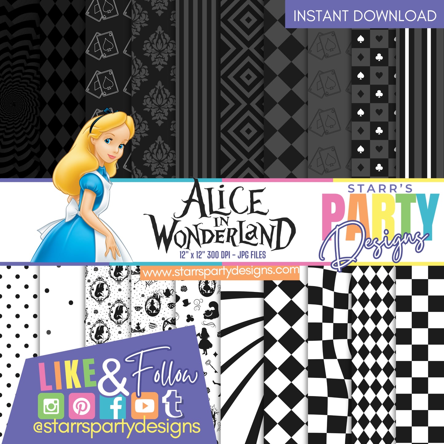 ALICE IN WONDERLAND BLACK AND WHITE PAPER PACK