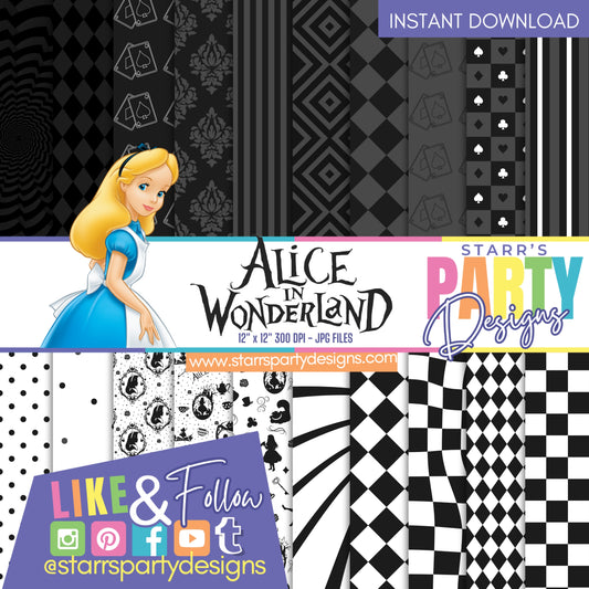 ALICE IN WONDERLAND BLACK AND WHITE PAPER PACK