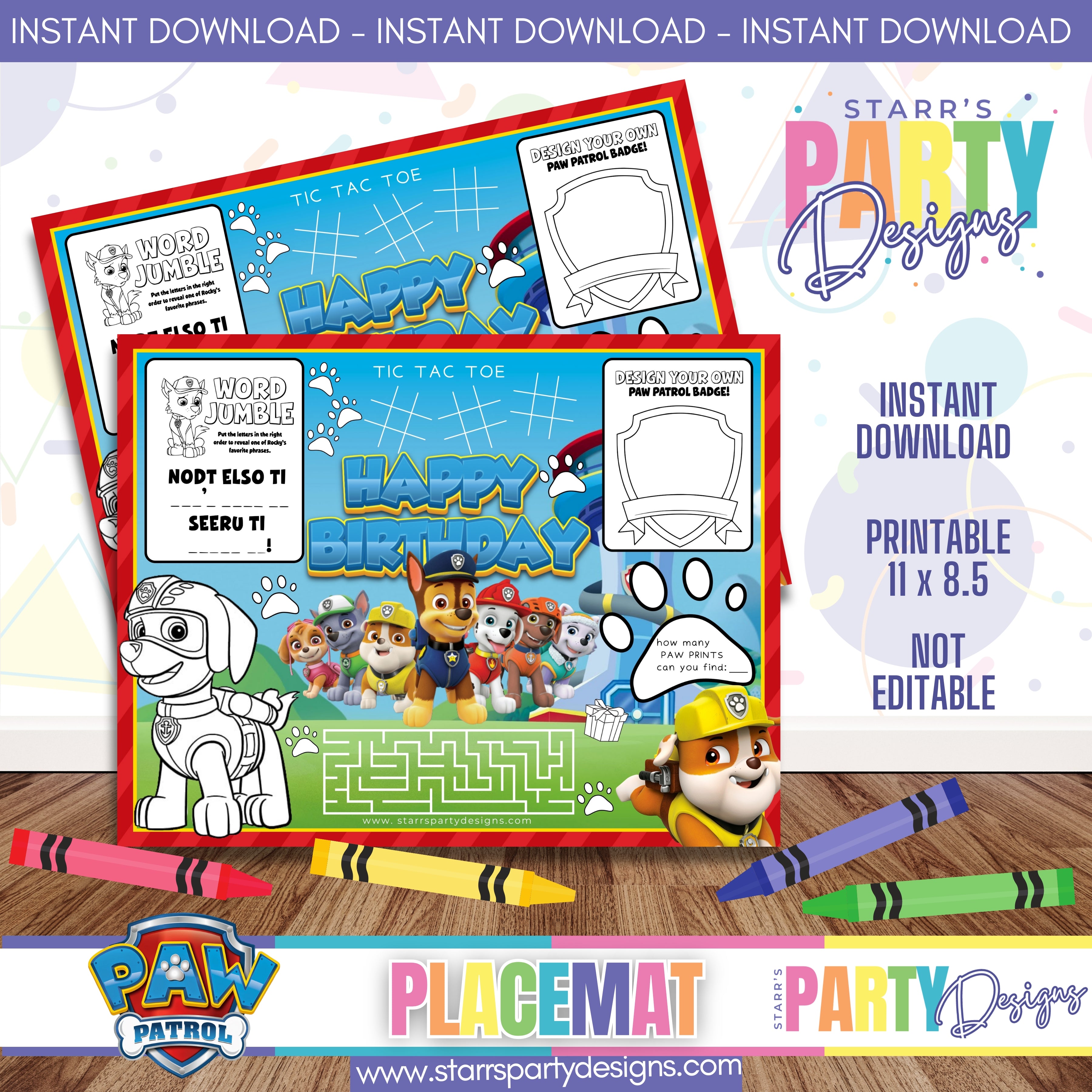 PLACEMAT ACTIVITY SHEET | PAW PATROL FULL COLOR A1 – Starr's Party Designs