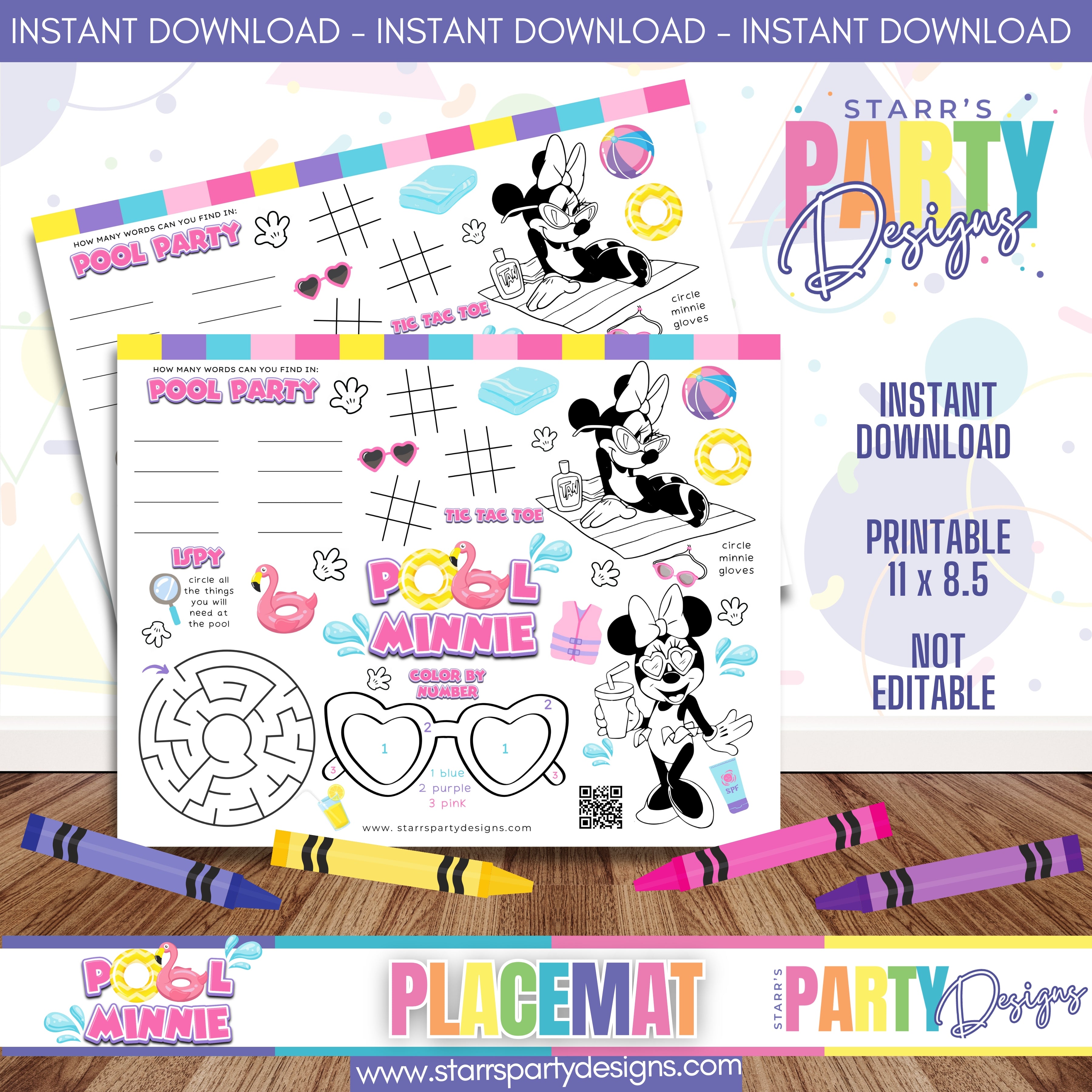 PLACEMAT ACTIVITY SHEET | POOL MINNIE A1 – Starr's Party Designs