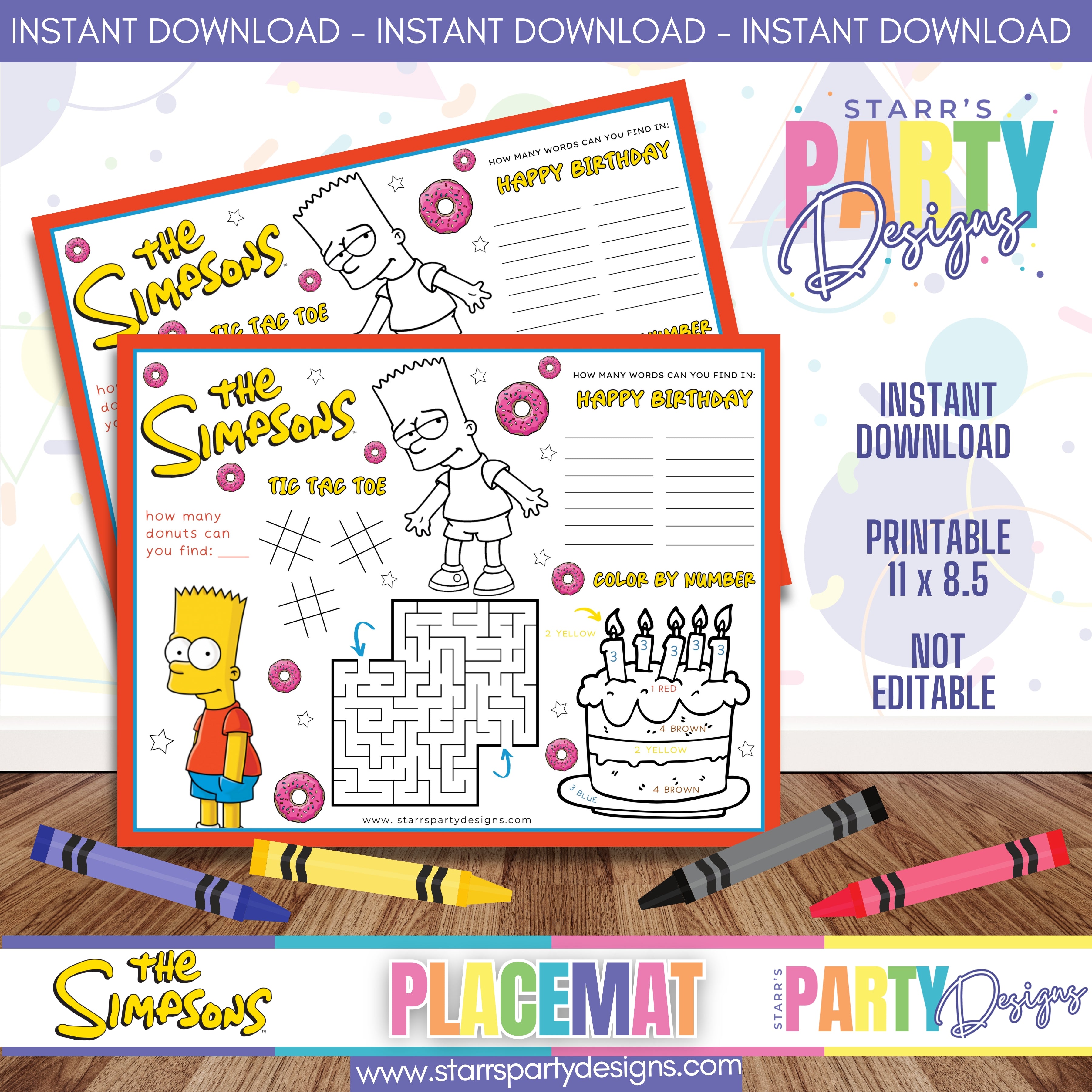 PLACEMAT ACTIVITY SHEET | THE SIMPSONS A3 – Starr's Party Designs
