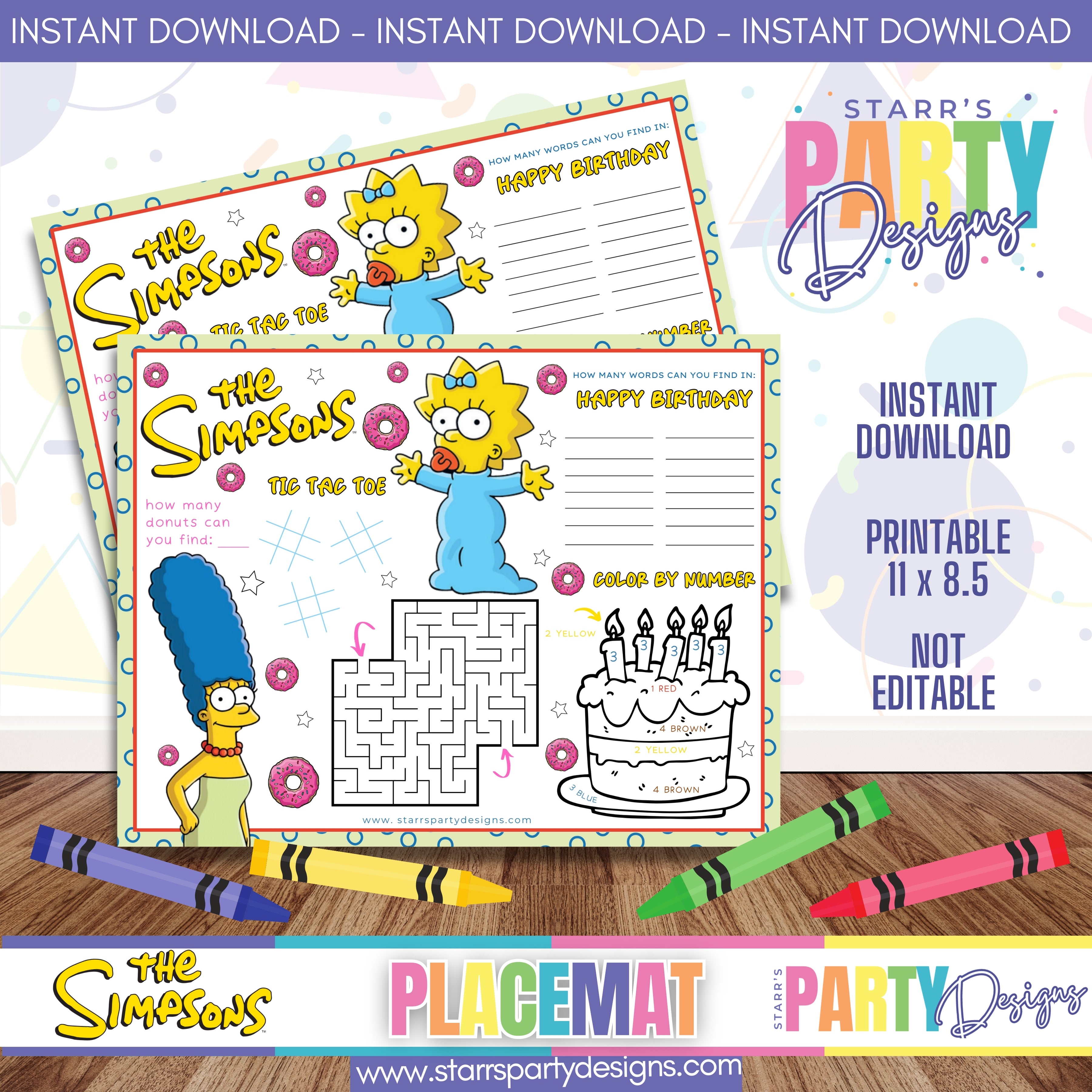 PLACEMAT ACTIVITY SHEET | THE SIMPSONS A4 – Starr's Party Designs