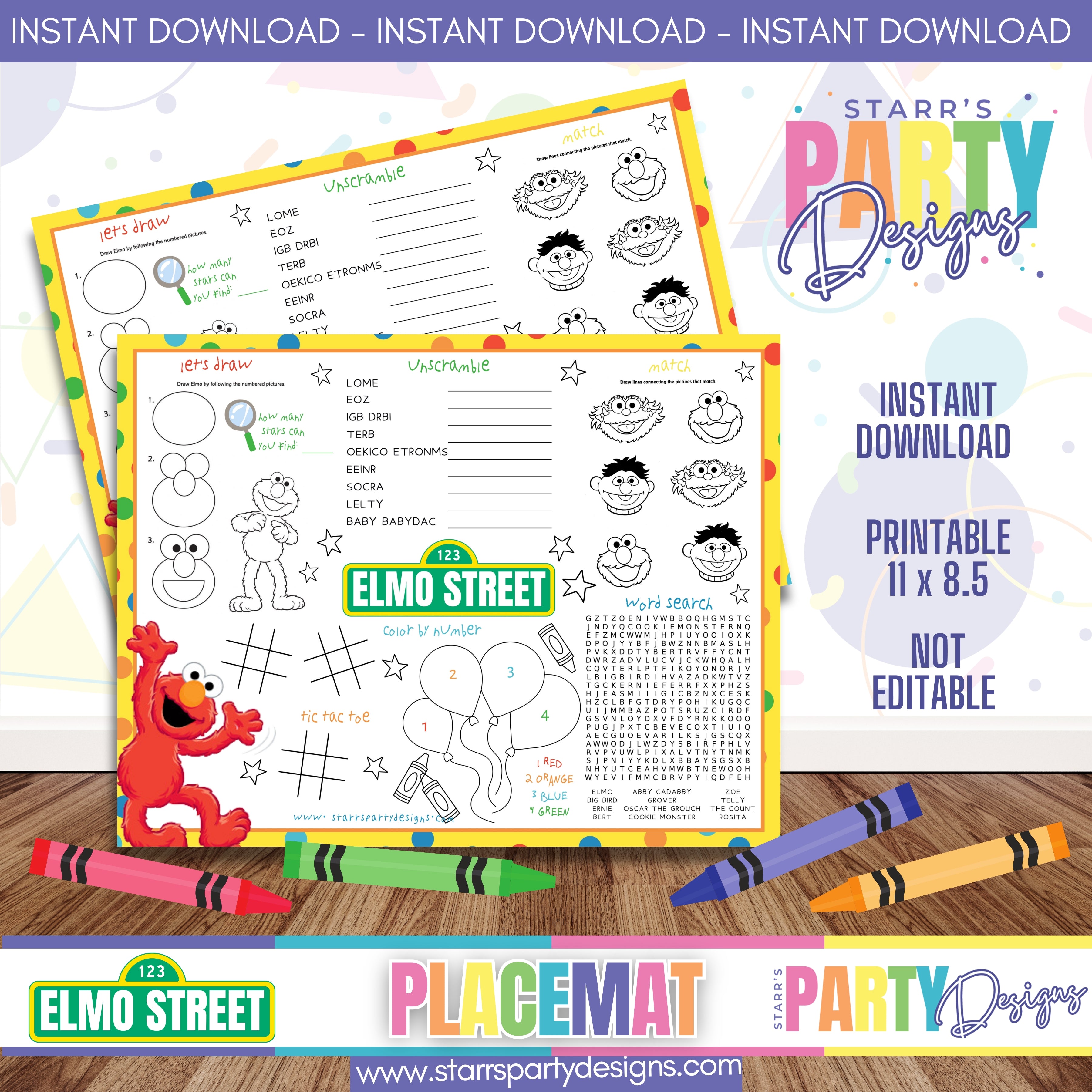 PLACEMAT ACTIVITY SHEET | ELMO A4 – Starr's Party Designs