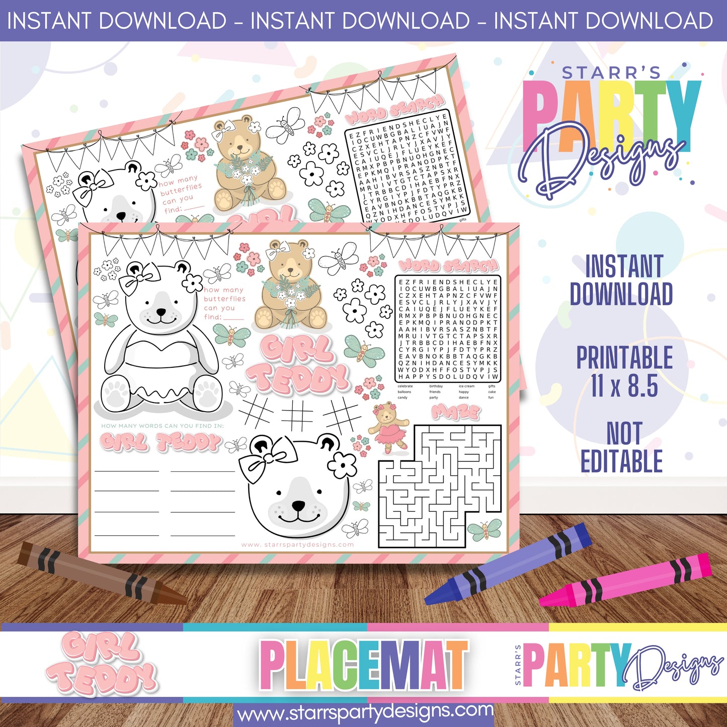 PLACEMAT ACTIVITY SHEET | GIRL TEDDY