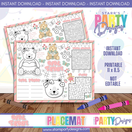 PLACEMAT ACTIVITY SHEET | GIRL TEDDY