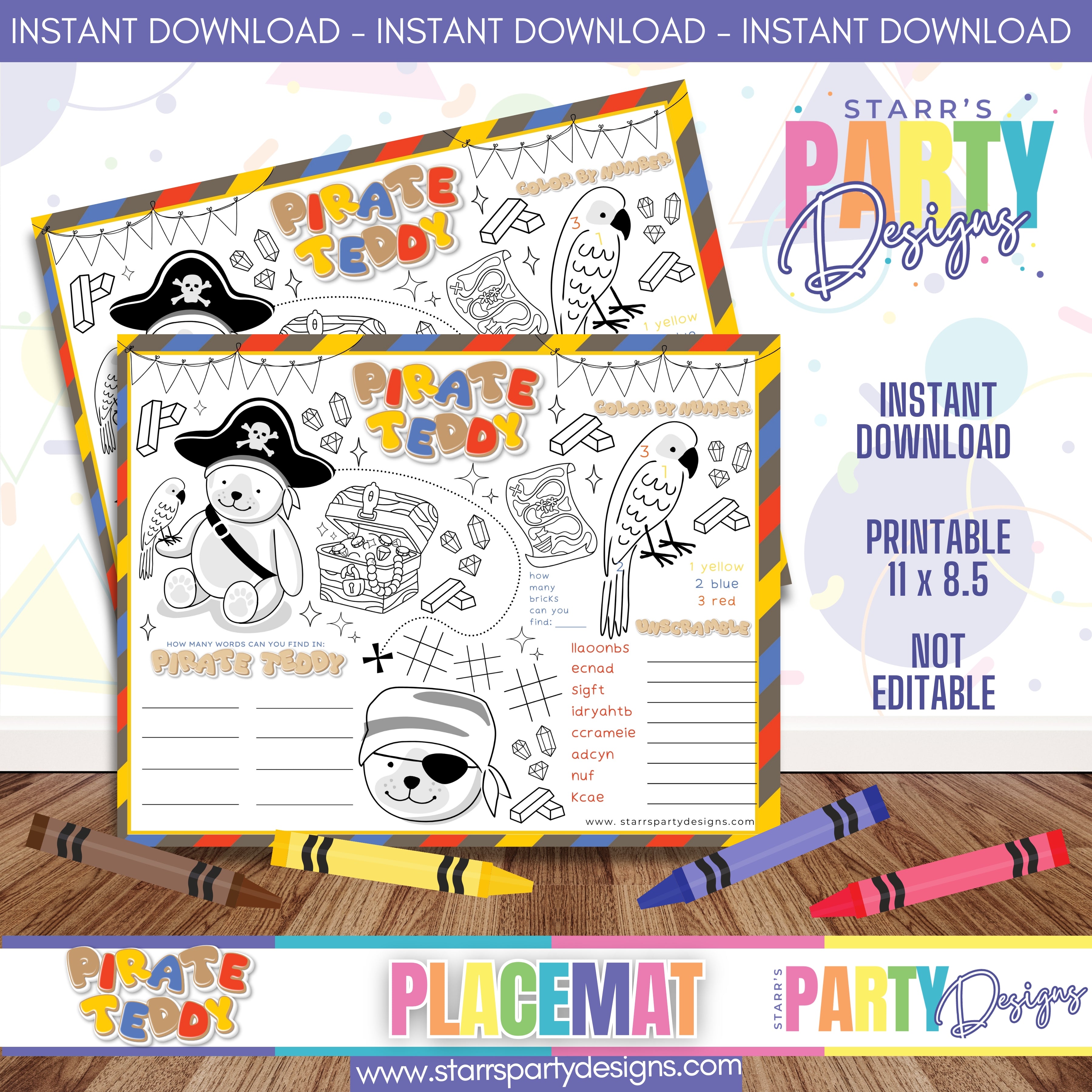 PLACEMAT ACTIVITY SHEET | PIRATE TEDDY A1 – Starr's Party Designs
